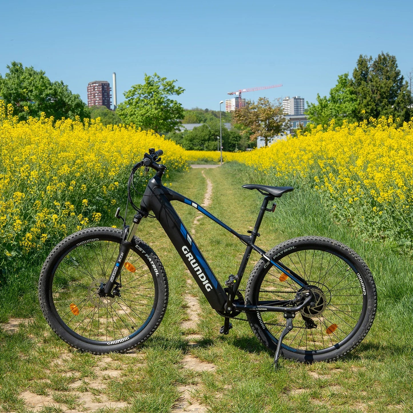 Electric bike on a path with yellow flowers and buildings in the background