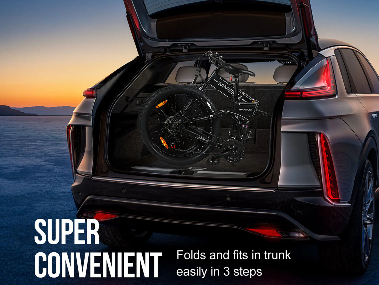 SAMEBIKE LO26-II-FT 750W Folding off road ebike. folded in car trunk.