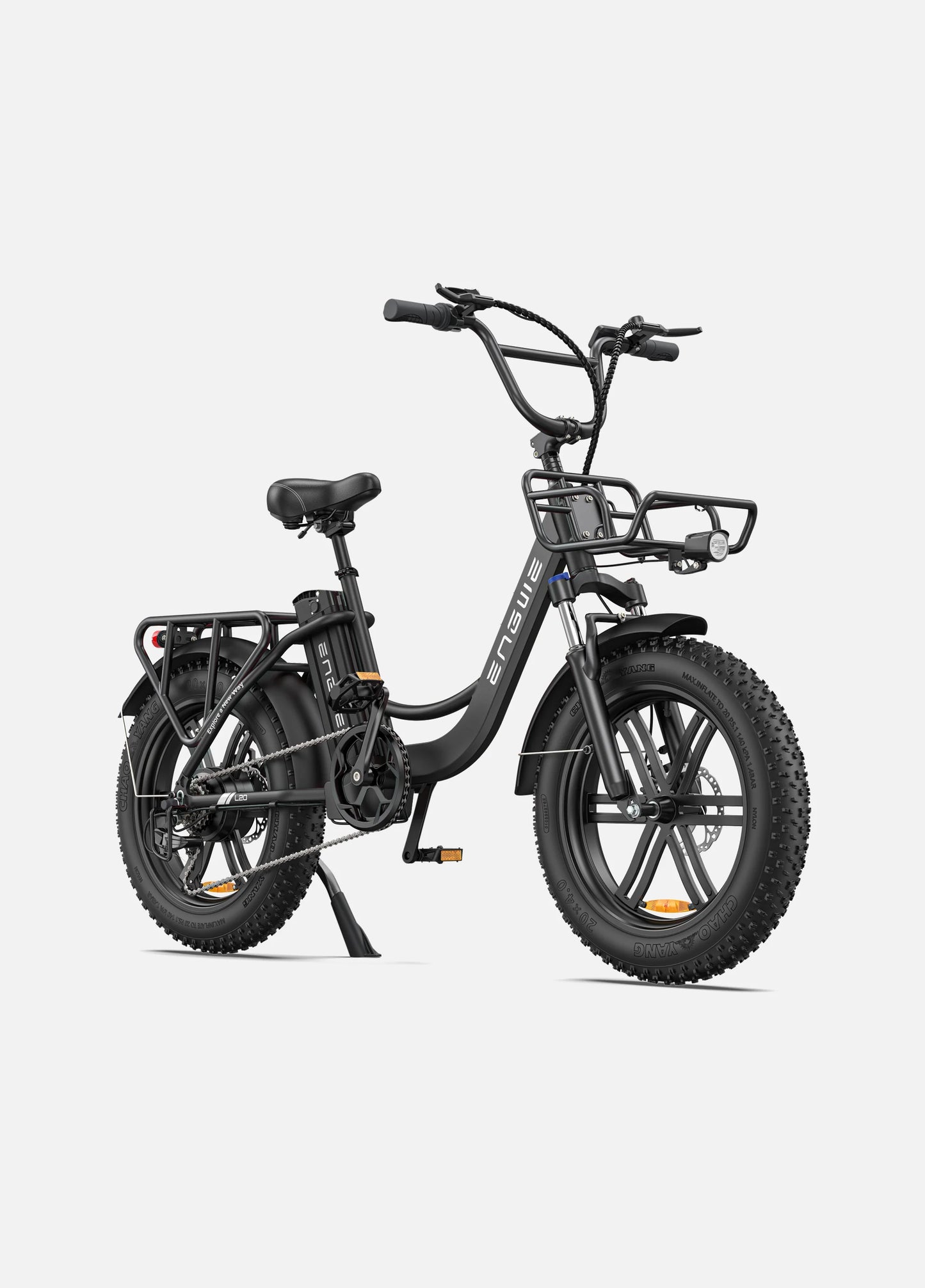 Engwe L20 ebike. front right side. Onyx Black color.