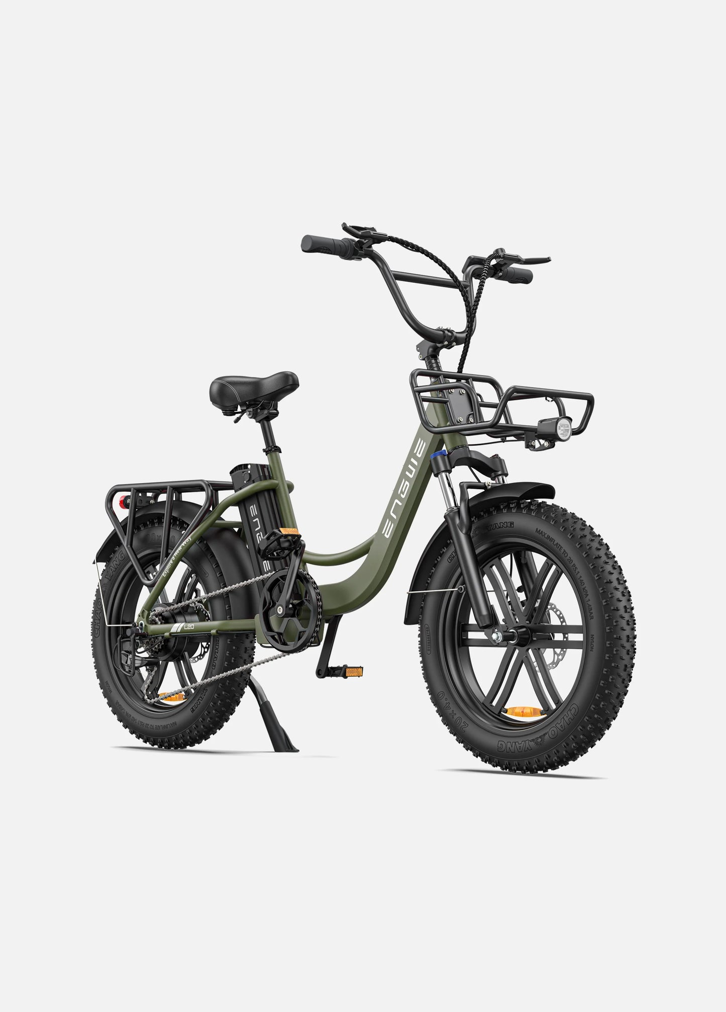 Engwe L20 ebike. front right side. avocado green color.