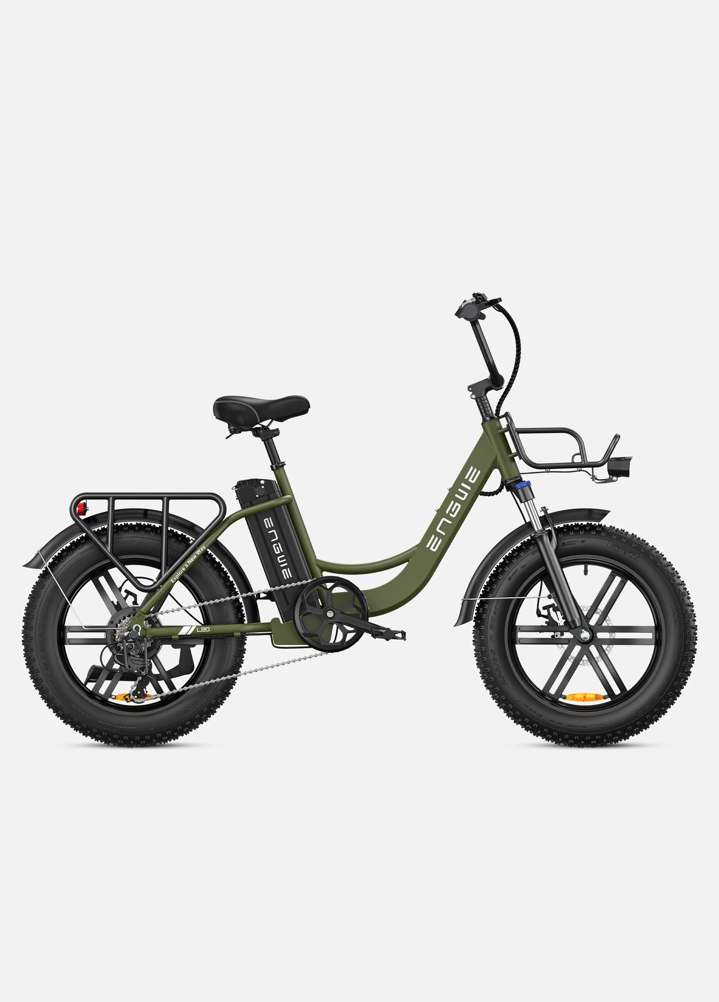 Engwe L20 ebike. right side. avocado green color.