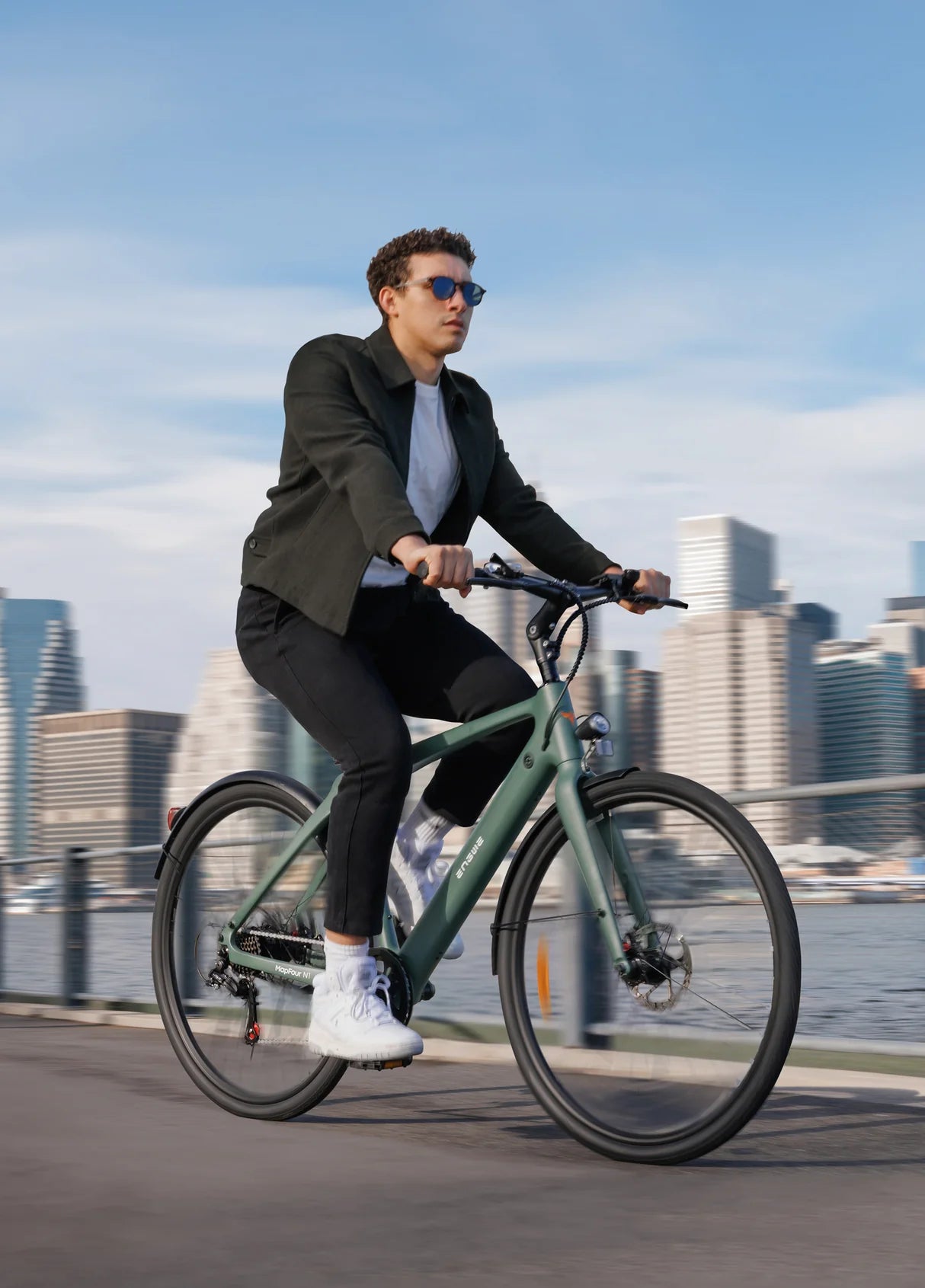 Rider commuting on Engwe N1 Air electric bicycle in urban area
