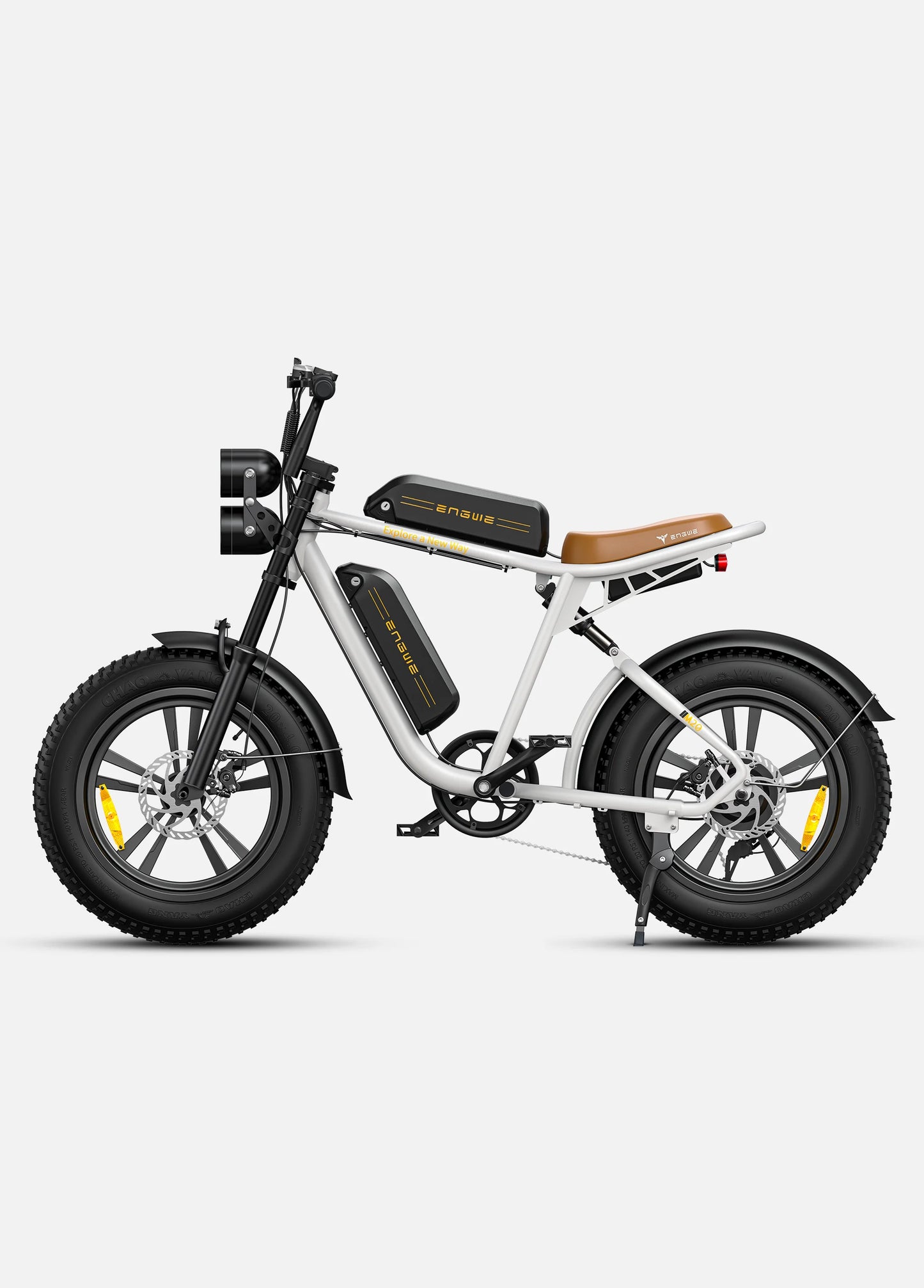 ENGWE M20 1000W Electric Bike. left side. white color. 2 batteries.