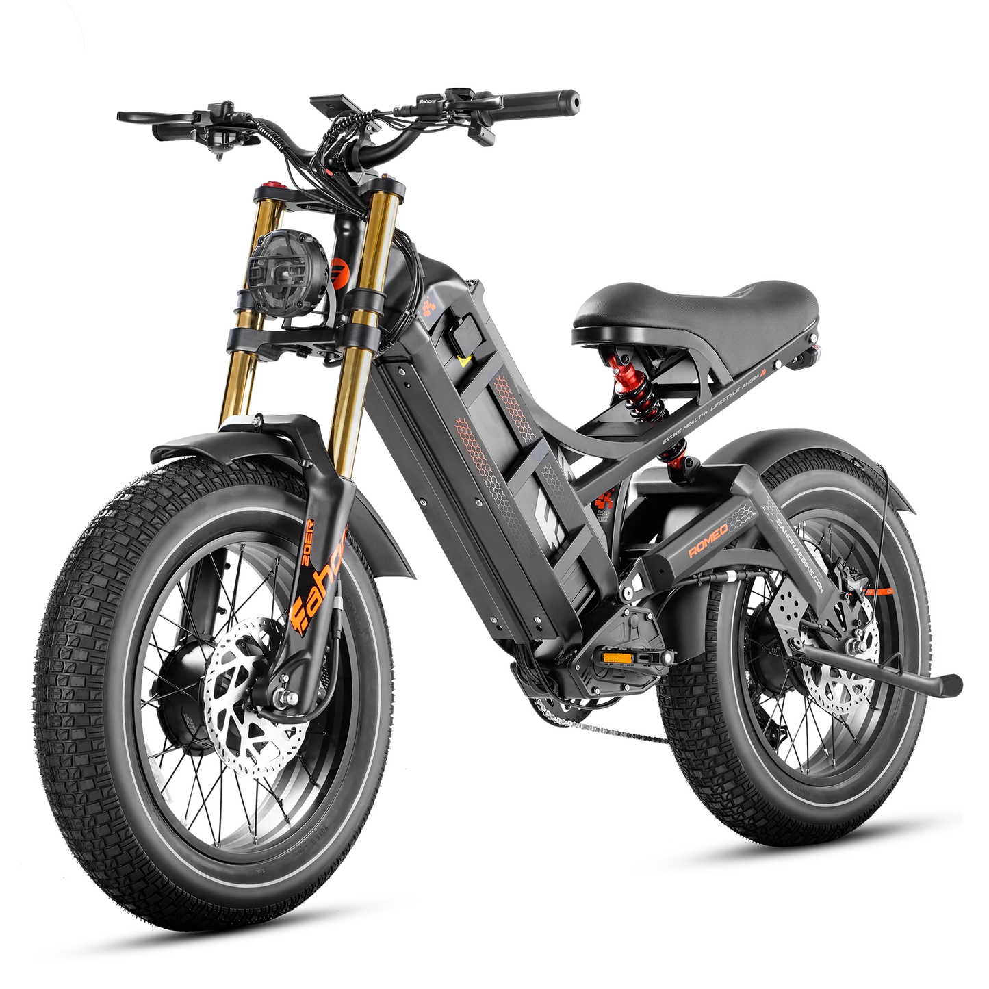 Eahora Romeo II E-Bike with 20-inch tires and dual 1250W motors, built for powerful performance and versatile all-terrain riding.