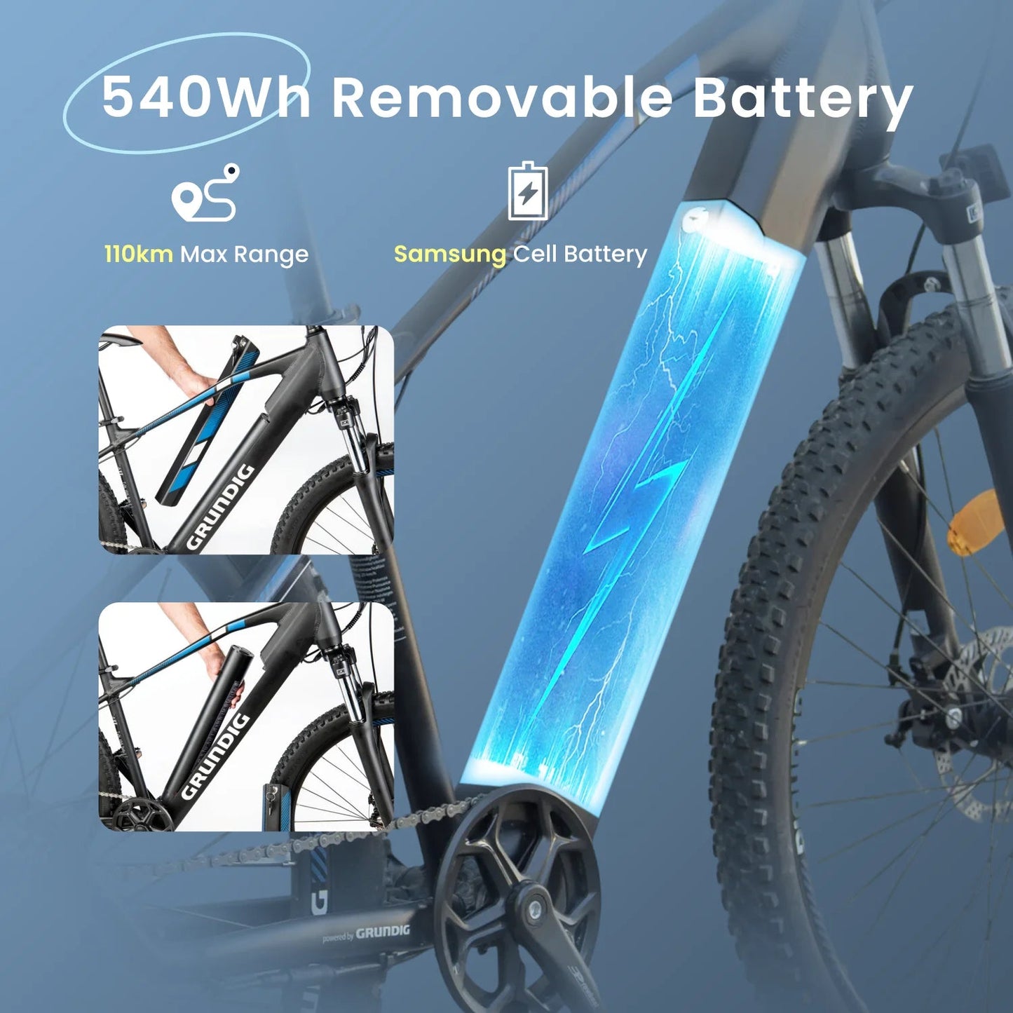 Bicycle with a 540Wh removable battery pack on a blue background