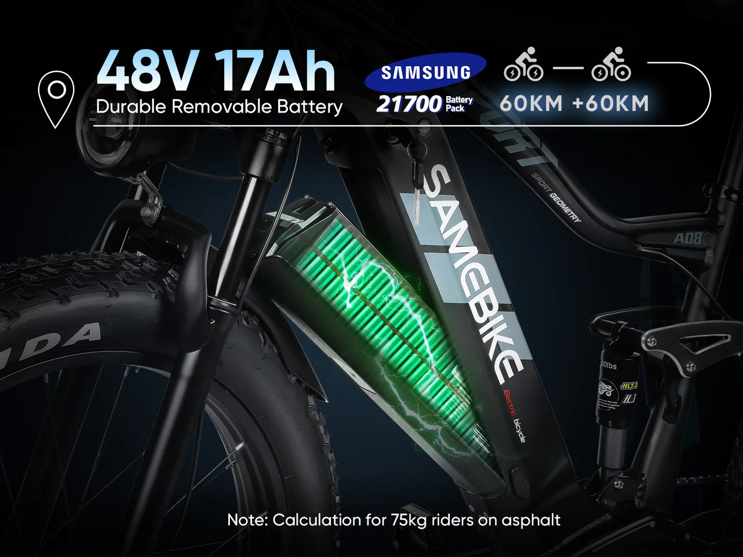 SAMEBIKE RS-A08 Off Road Electric bike. battery