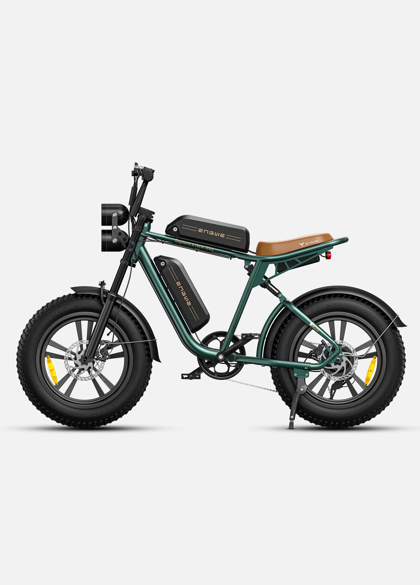 ENGWE M20 1000W Electric Bike. left side. green color. 2 batteries.
