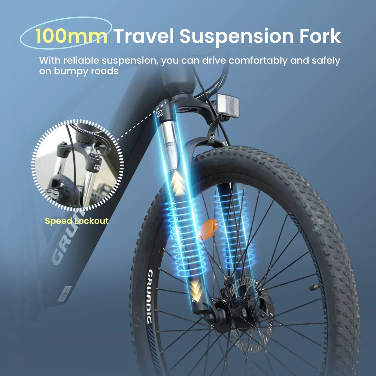 Bicycle suspension fork with text on a blue background