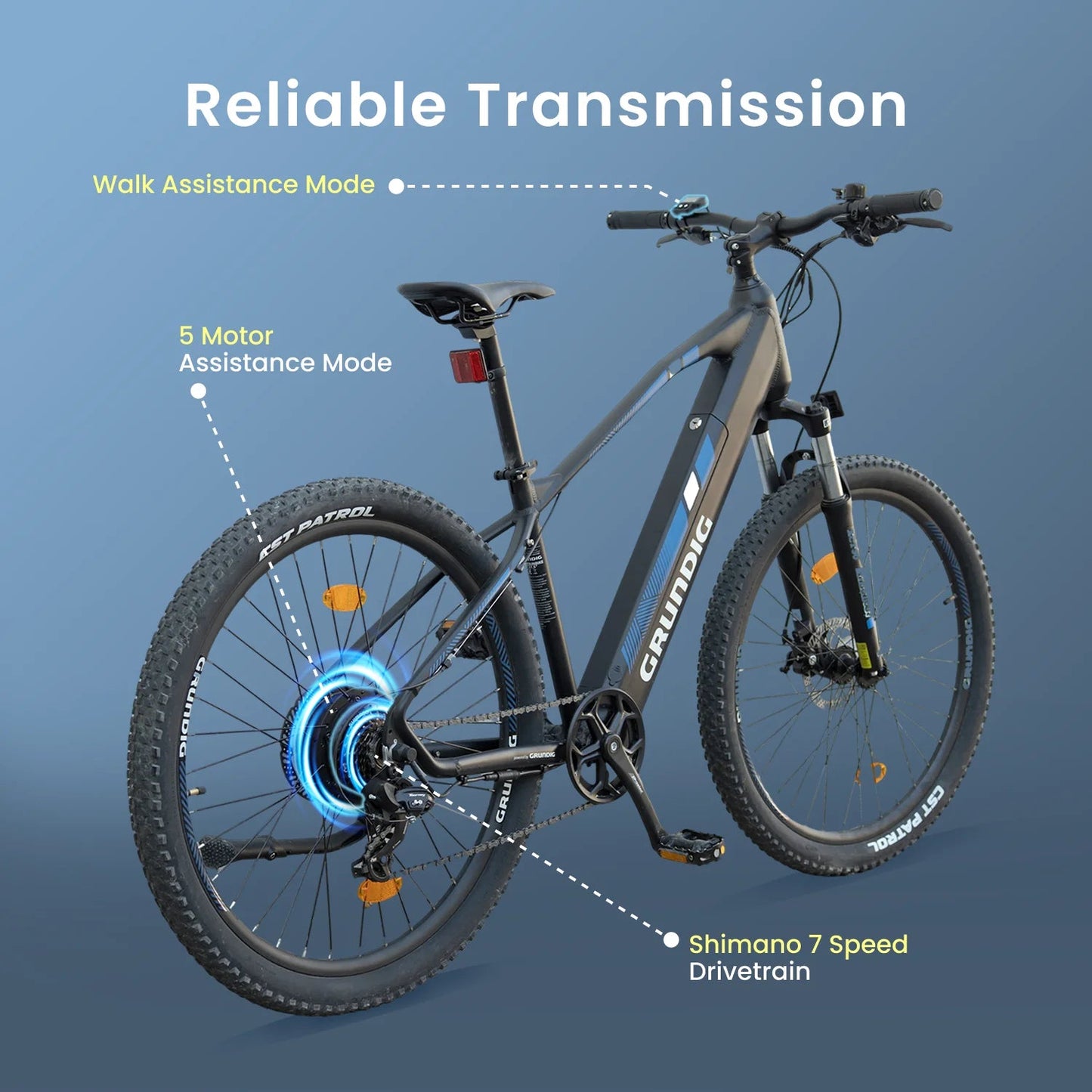 Electric bike with features highlighted on a blue background