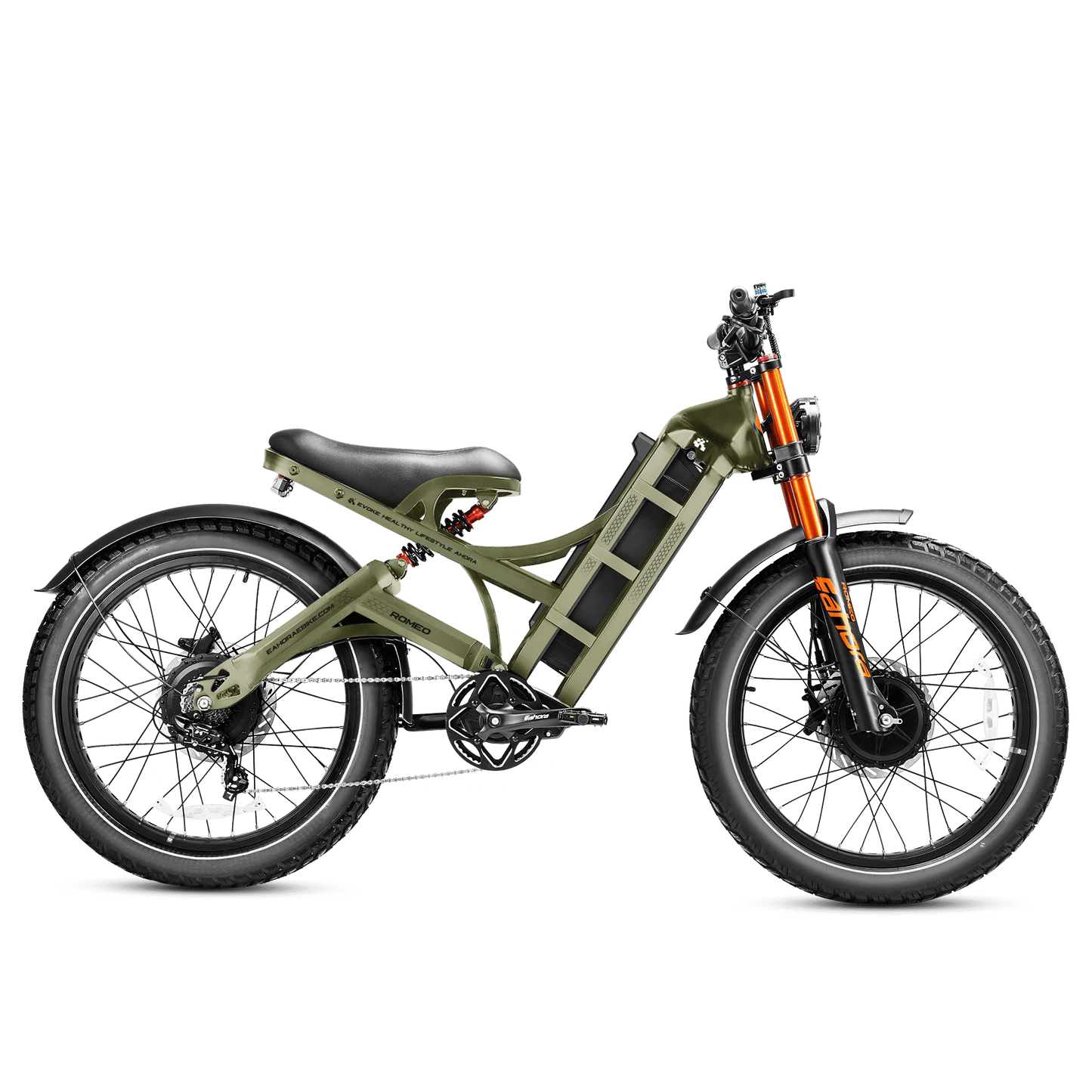 Eahora Romeo Pro II electric bike with 26-inch tires and dual 1500W motors, designed for off-road and all-terrain riding. Green Color