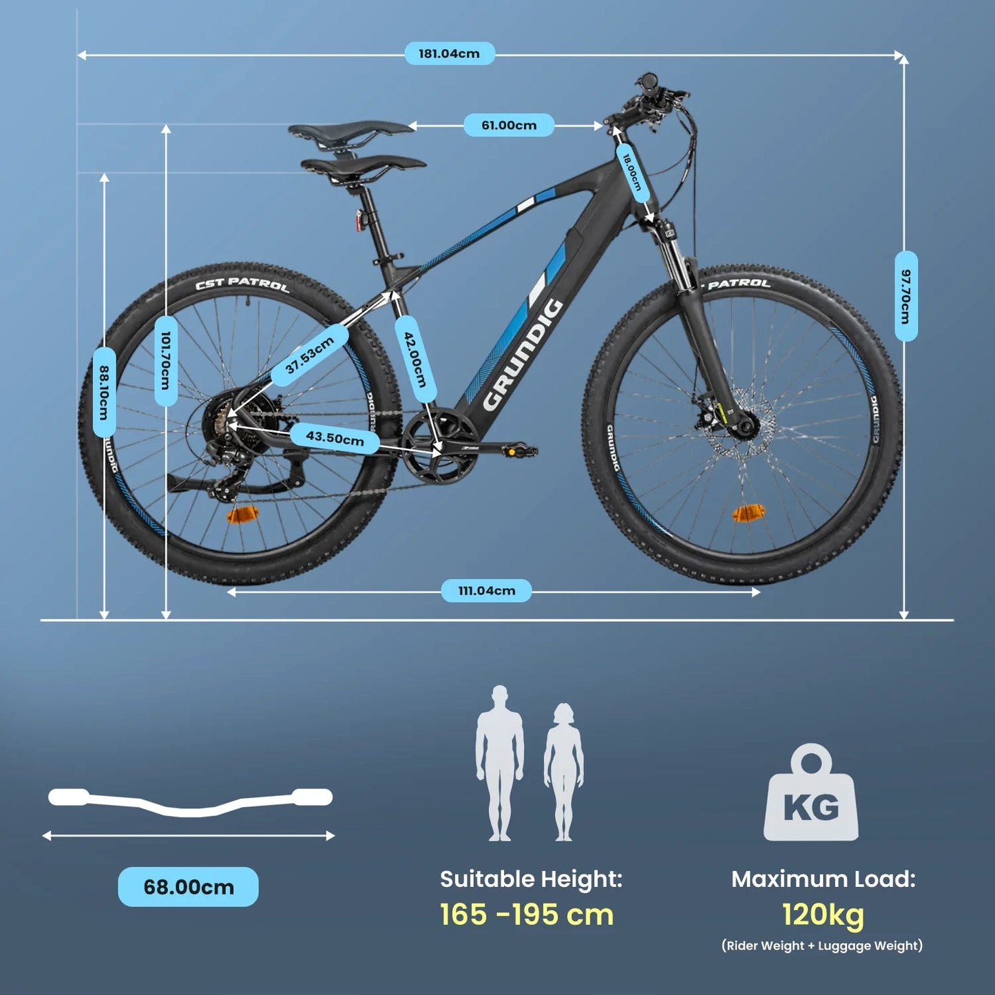 Measurement chart of a bicycle with dimensions labeled on a blue background