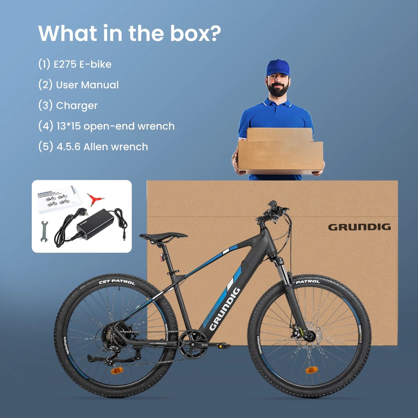 Man holding a box with a list of contents, including an E275 E-bike, on a blue background.