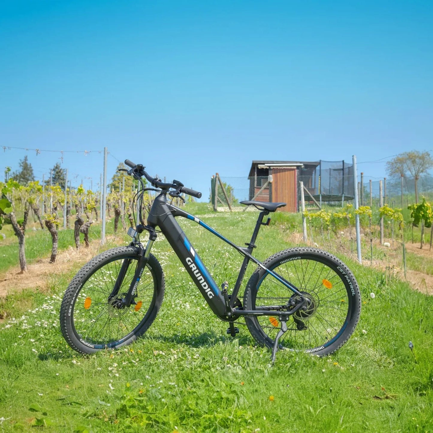 Electric bike on a grassy field with a clear blue sky