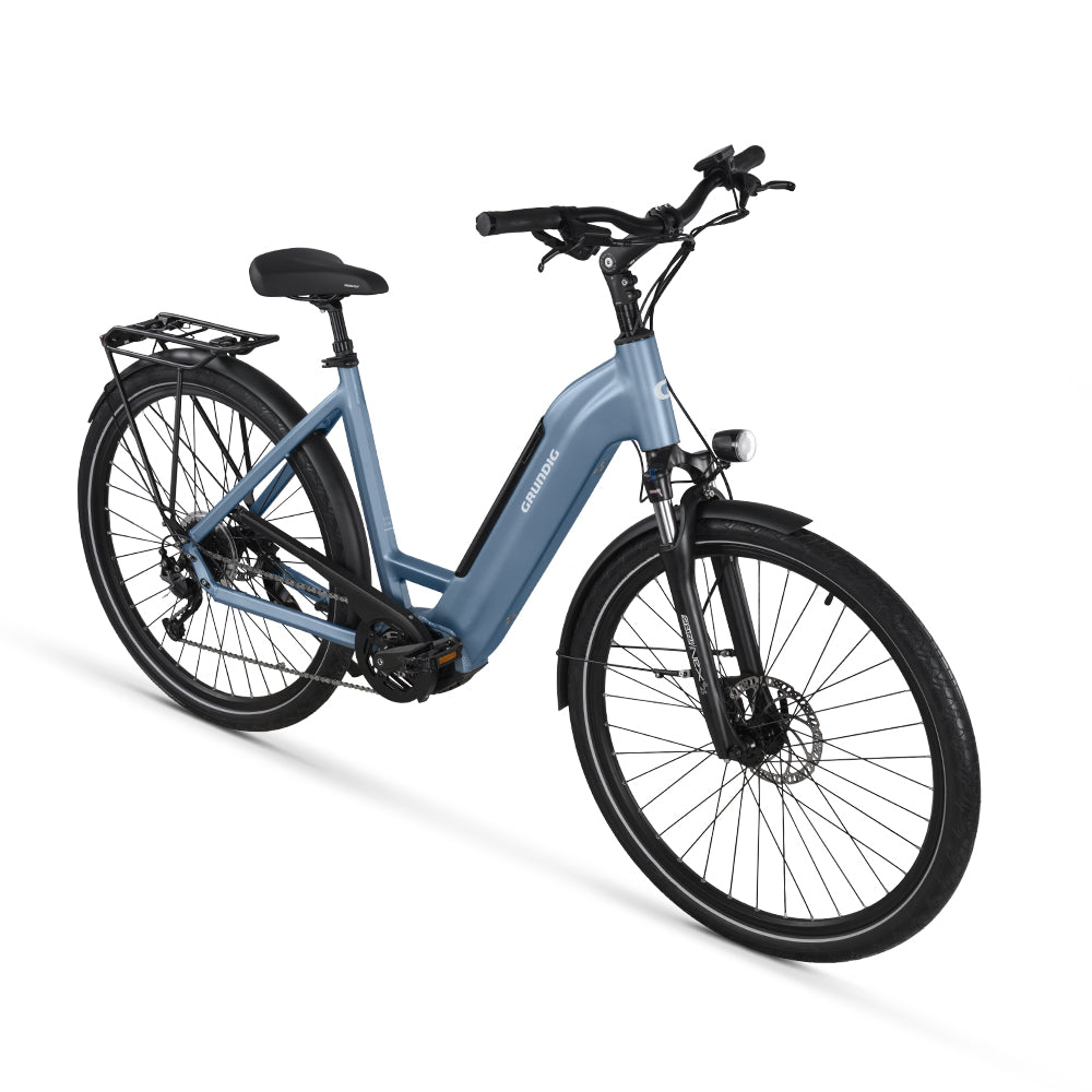GRUNDIG GCB-1 Urban ebike. blue color. right side front.