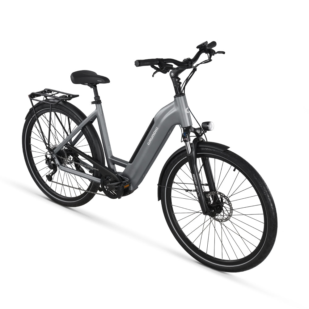 GRUNDIG GCB-1 Urban ebike. gray color. right front side.