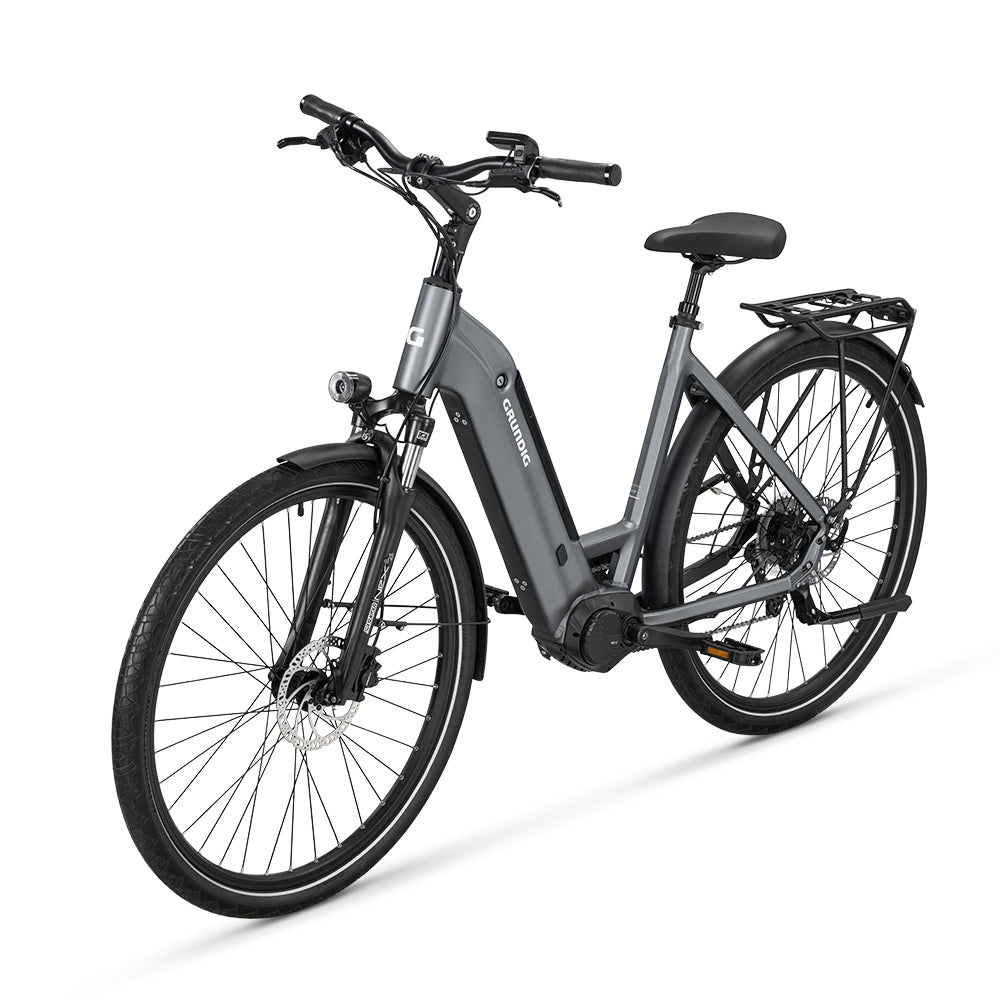 GRUNDIG GCB-1 Urban ebike. gray color. left front side.