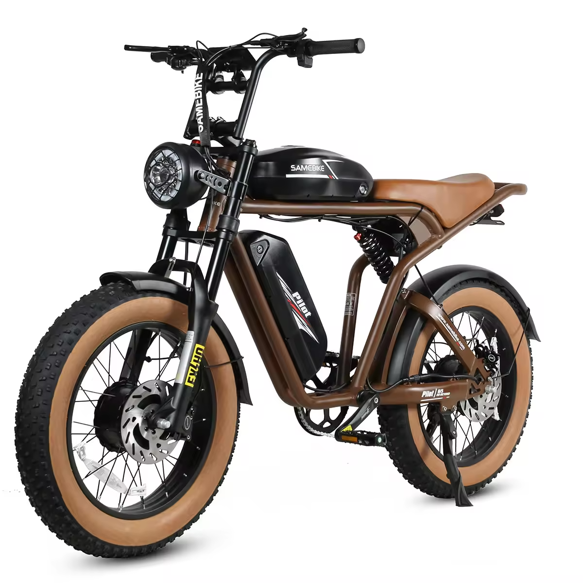 SAMEBIKE M20 2000W Electric Bike 2 x 1000W Dual Motor. front left side. Brown color.