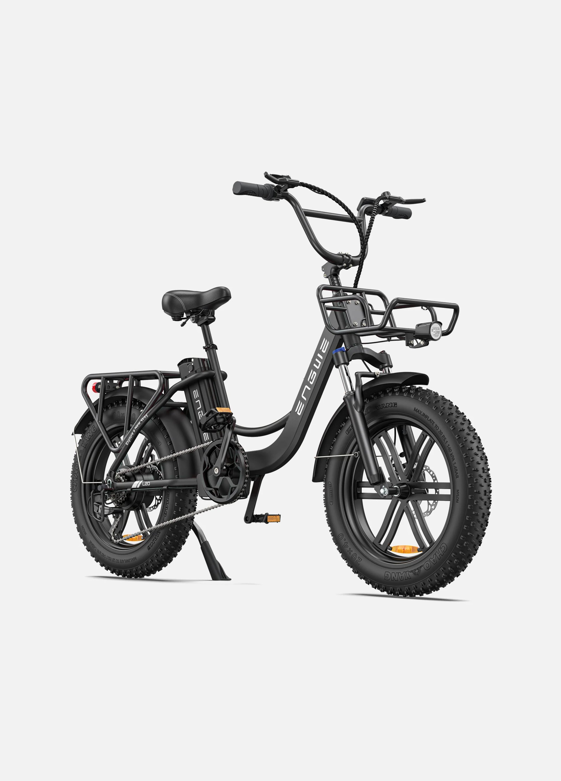 Engwe L20 ebike. front right side. Onyx Black color.