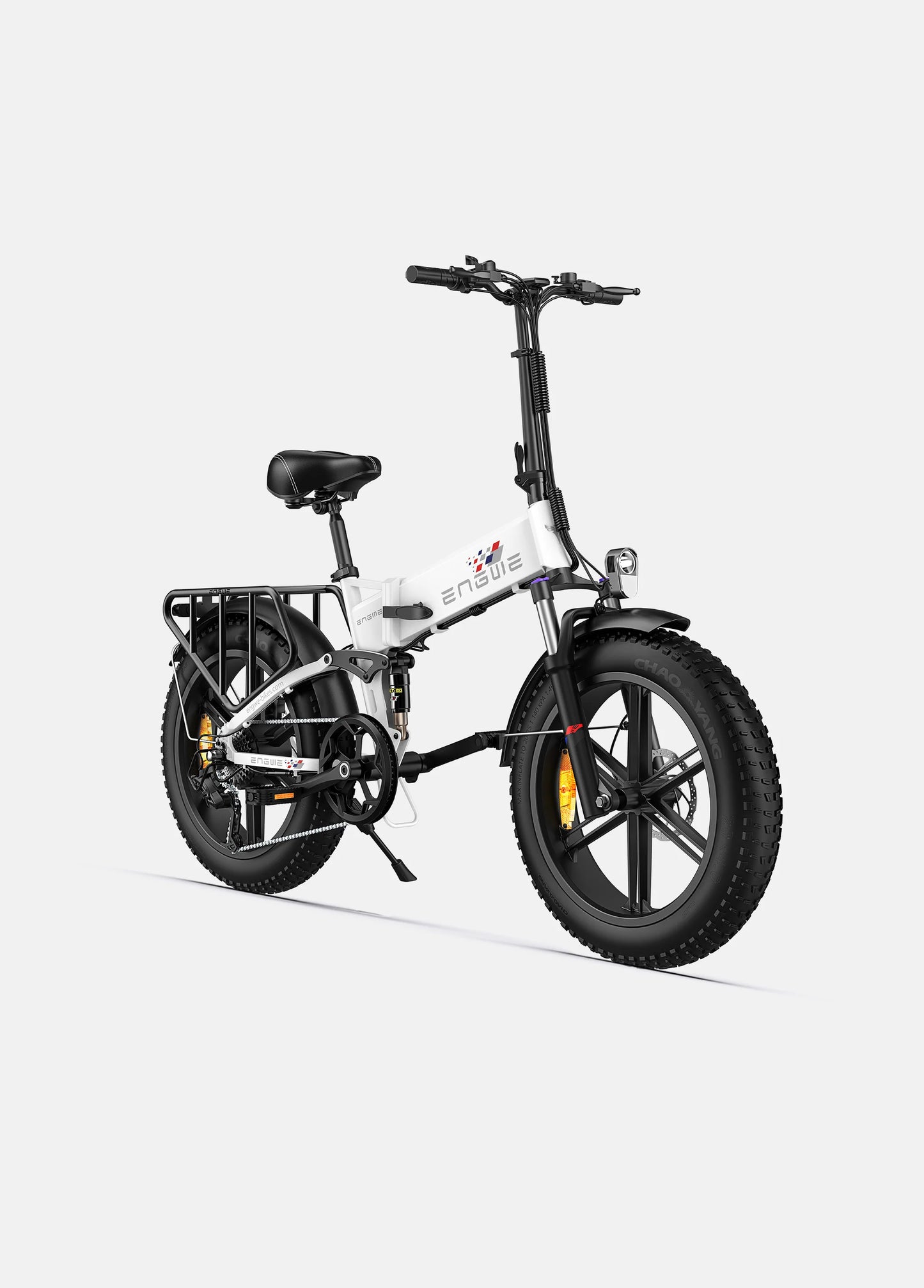 Engwe engine X full suspension folding ebike. front right side. White.