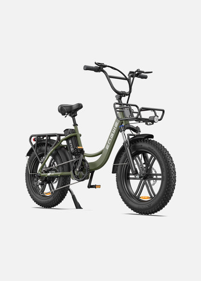 Engwe L20 ebike. front right side. avocado green color.