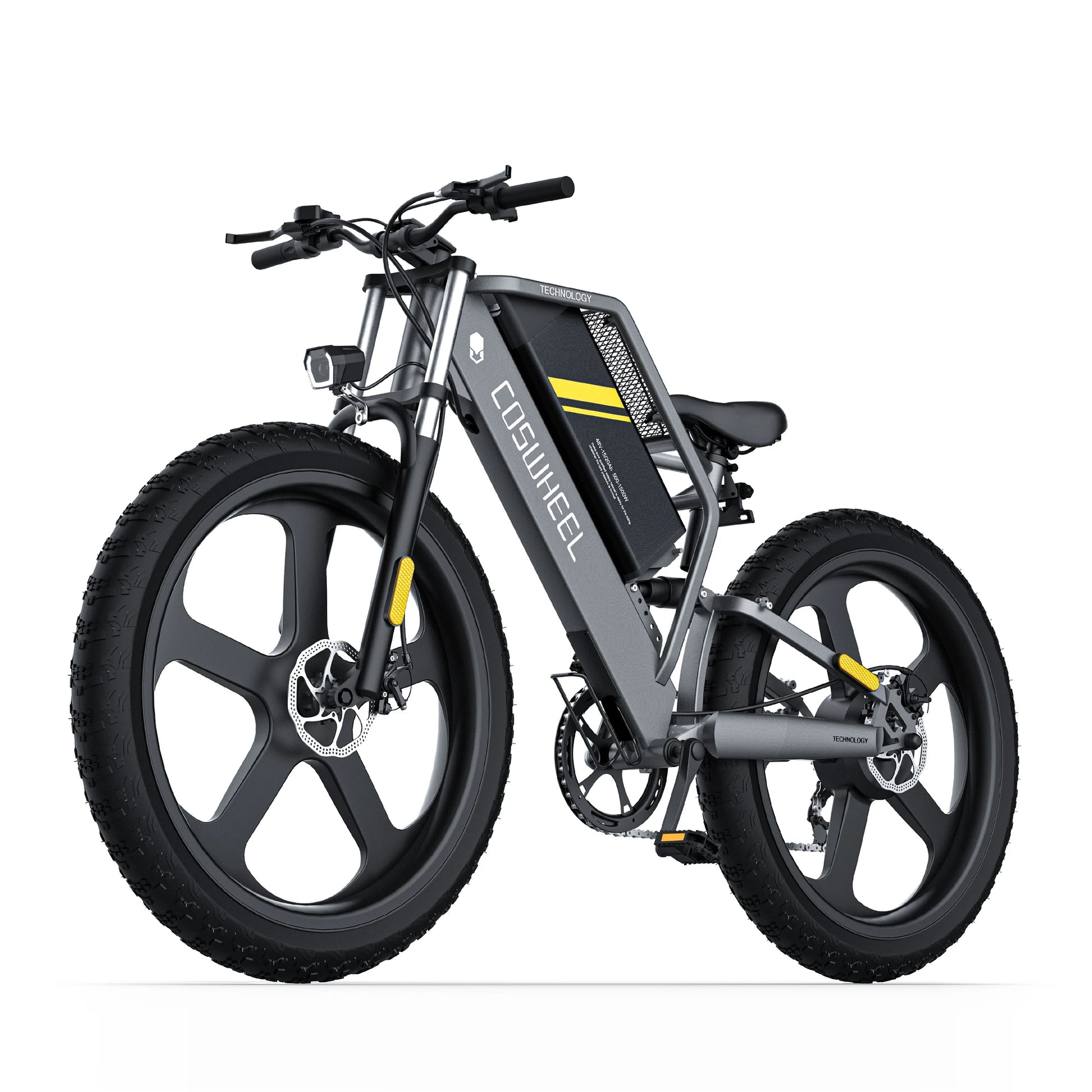 Coswheel T26 mountain ebike. front left view.