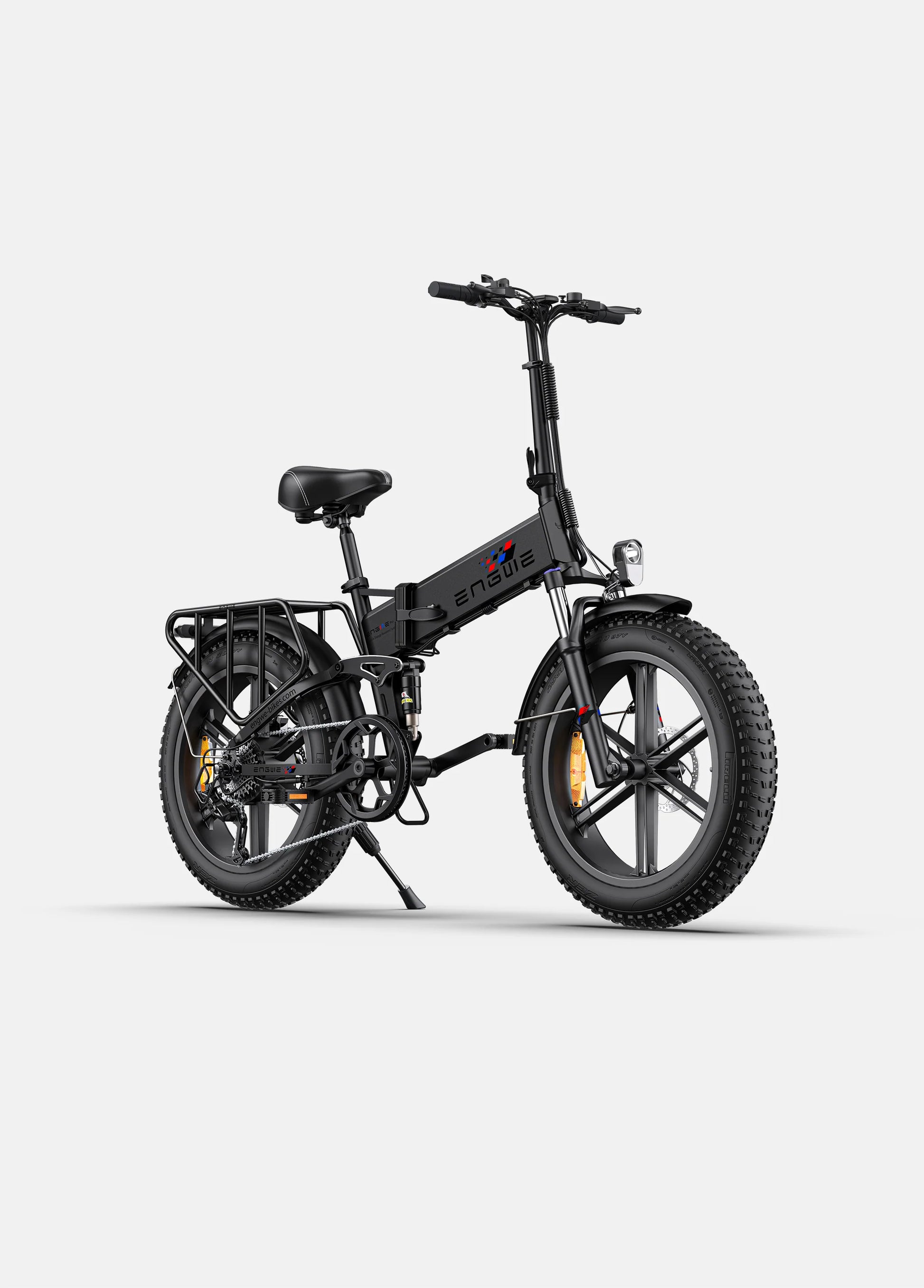 Engwe engine X full suspension folding ebike. front right side. Black