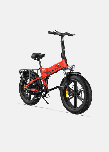 Engwe engine X full suspension folding ebike. front right side. red.