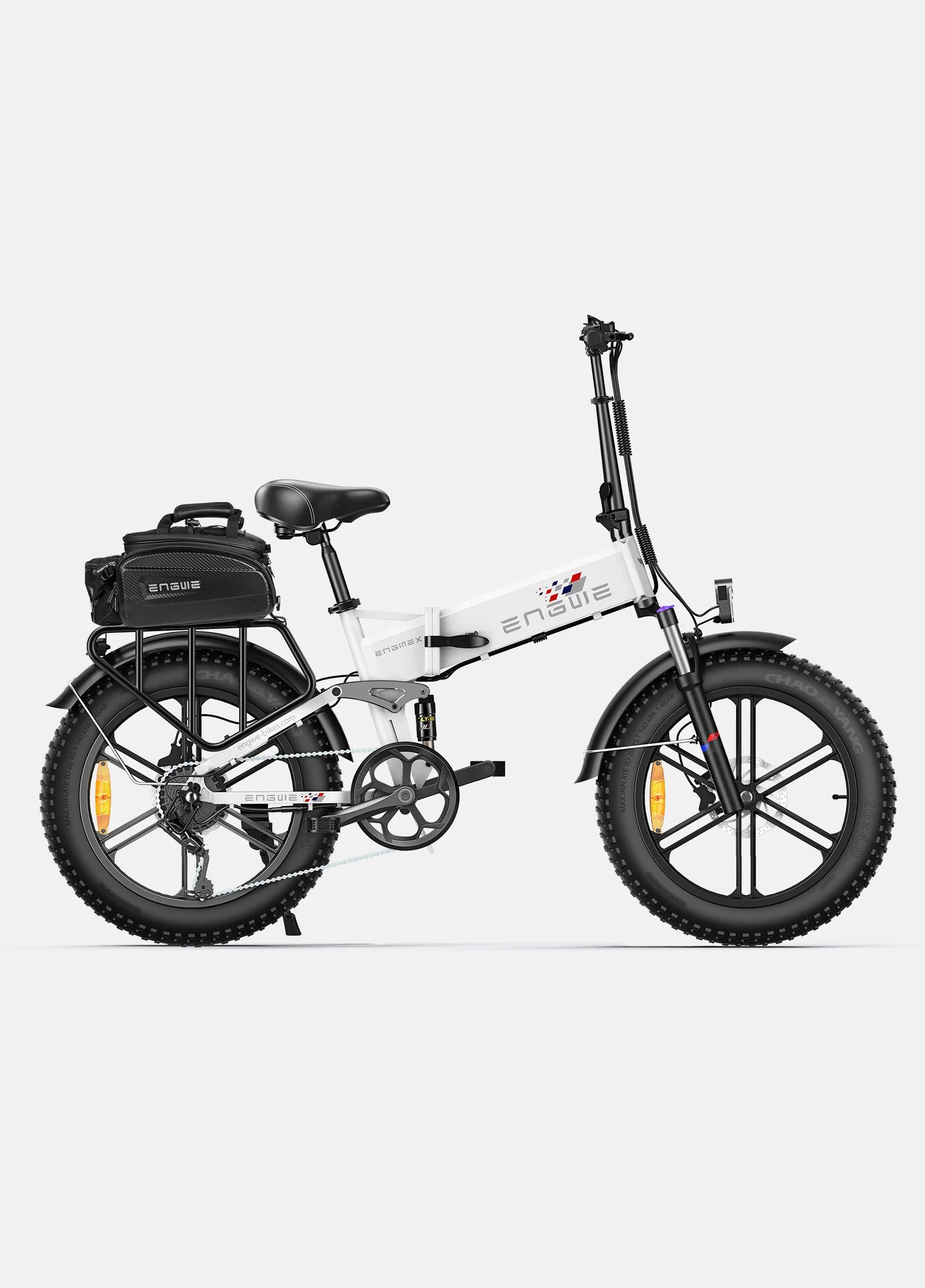 Engwe engine X full suspension folding ebike. right side. white.