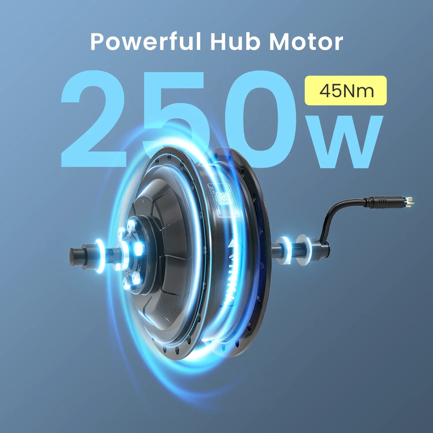 Electric hub motor with power specifications on a blue background