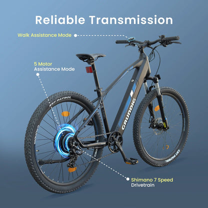 Electric bike with features highlighted on a blue background